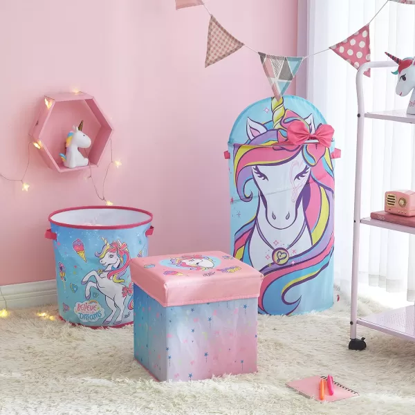 Idea Nuova Disney Minnie Mouse 3 Piece Collapsible Storage Set with Collapsible Ottoman, Bin and Figural Dome Pop Up Hamper, Pink