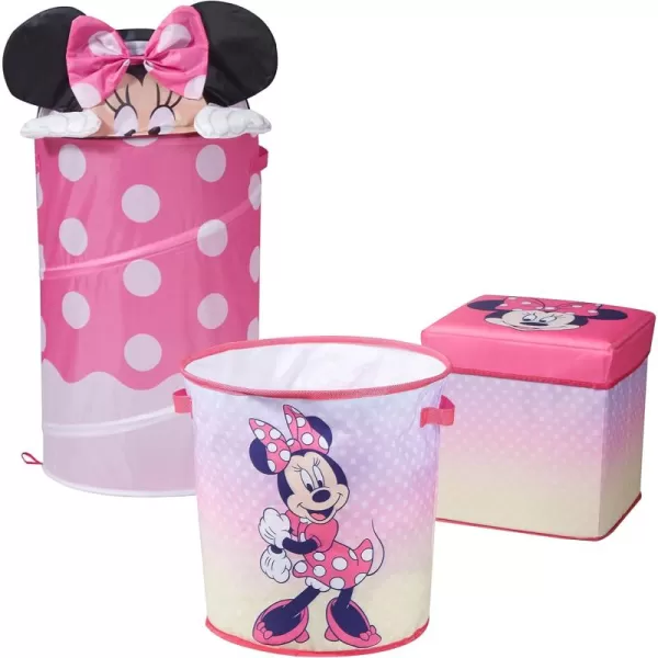 Idea Nuova Disney Minnie Mouse 3 Piece Collapsible Storage Set with Collapsible Ottoman, Bin and Figural Dome Pop Up Hamper, Pink