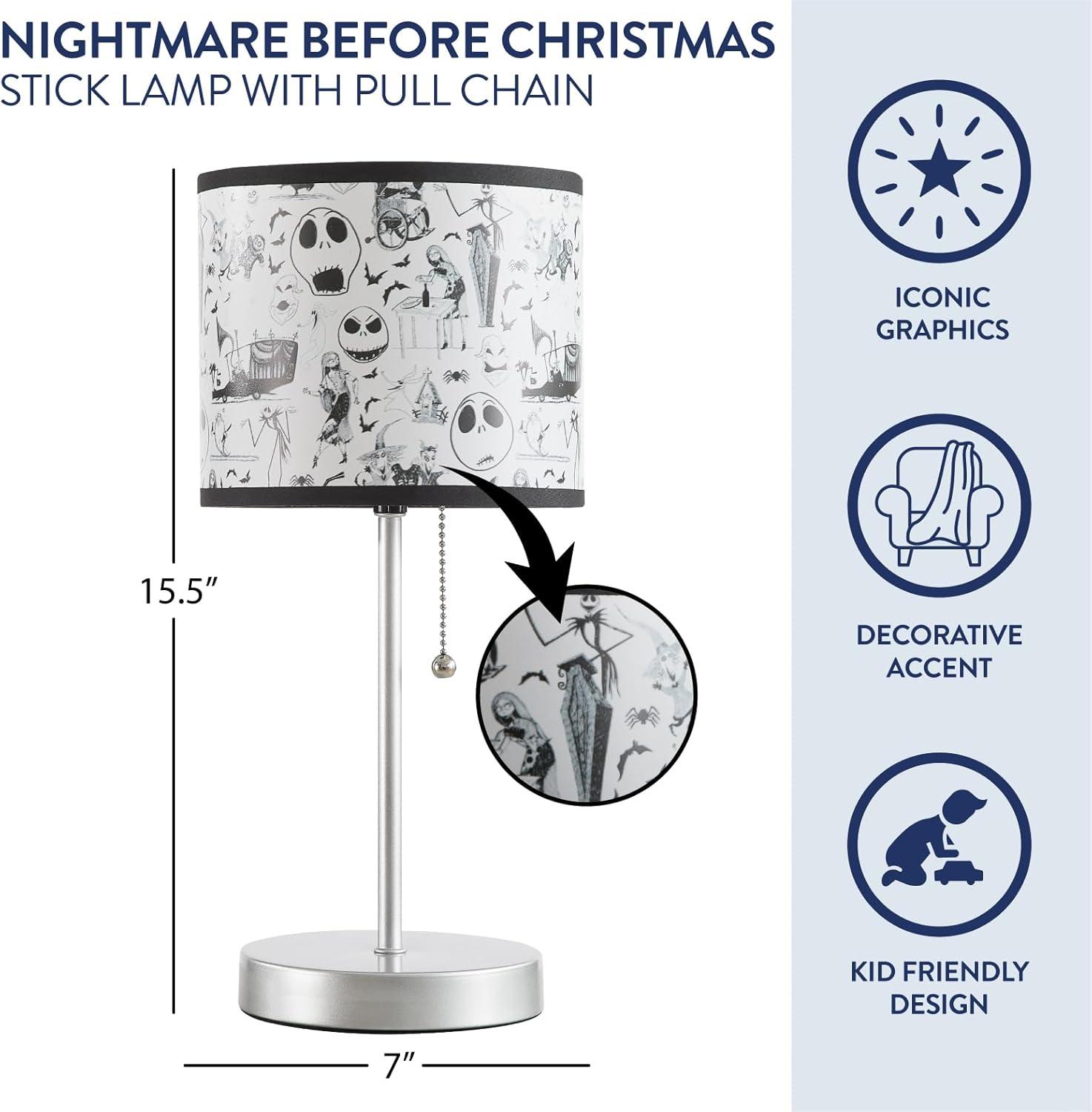 imageDisney Nightmare Before Christmas Kids Table Lamp for KidsStick Lamp with Printed Shade ampamp Pull ChainBedroom or Nursery Nightstand Lighting