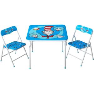 imageDr Seuss Cat in The Hat Kids Activity Table and Chair Set3Piece Furniture Set with 1 Square Table ampamp 2 Folding ChairsPlayroom Table Set for Ages 3