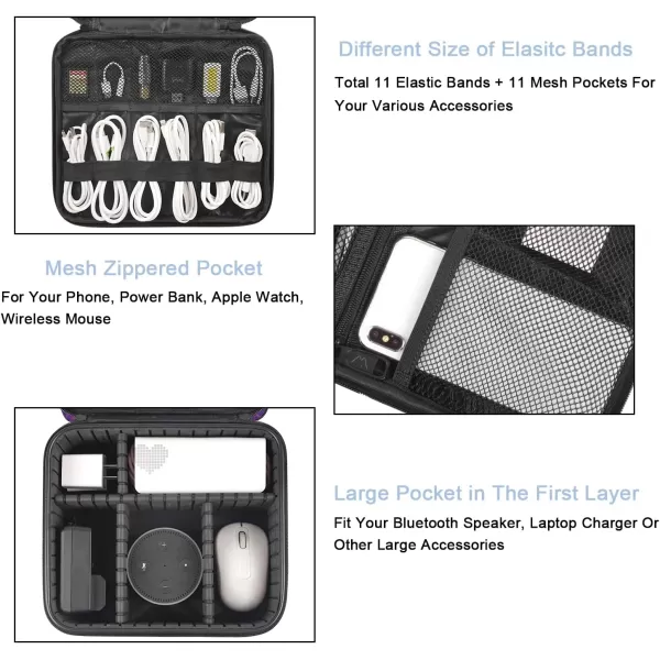MATEIN Cable Organizer Bag, Waterproof Travel Electronic Storage with Adjustable Divider, Shockproof Portable Double Layer Tech Bags Carrying Case for Cord, Earbuds, Charger, SD Card, Tech Gift, Black