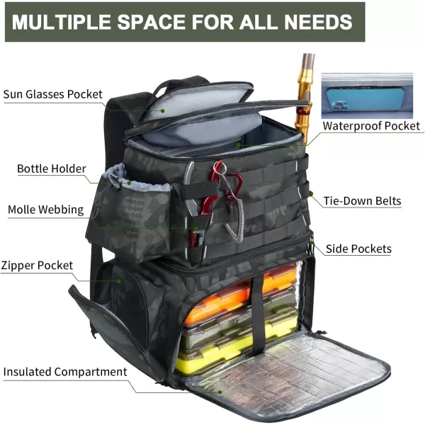 MATEIN Fishing Tackle Backpack with Cooler, Large Fishing Bag with Rod Holders for 4 Trays  &amp; Fishing gear