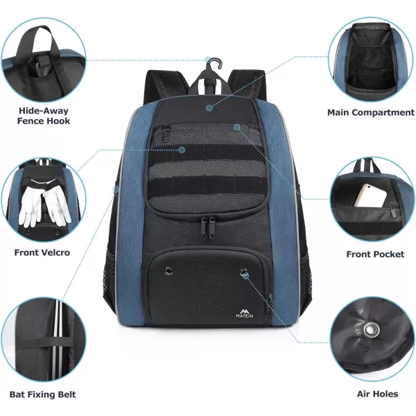 MATEIN Baseball Backpack, Lightweight Softball Bag with Shoes Compartment for Men, Large Capacity Baseball Bags Gift for Adults with Fence Hook Hold 4 Tee Ball Bats, TBall Gear, Helmet