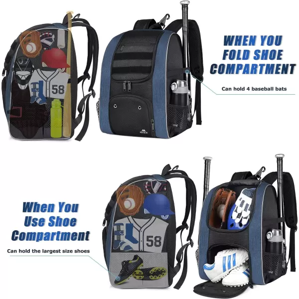 MATEIN Baseball Backpack, Lightweight Softball Bag with Shoes Compartment for Men, Large Capacity Baseball Bags Gift for Adults with Fence Hook Hold 4 Tee Ball Bats, TBall Gear, Helmet
