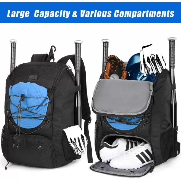 MATEIN Baseball Backpack, Softball Bat Bag with Shoes Compartment for Youth, Boys and Adult, Lightweight Baseball Bag with Fence Hook Hold TBall Bat, Batting Mitten, Helmet, Caps, Teeball Gear