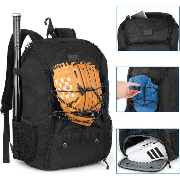 MATEIN Baseball Backpack, Softball Bat Bag with Shoes Compartment for Youth, Boys and Adult, Lightweight Baseball Bag with Fence Hook Hold TBall Bat, Batting Mitten, Helmet, Caps, Teeball Gear