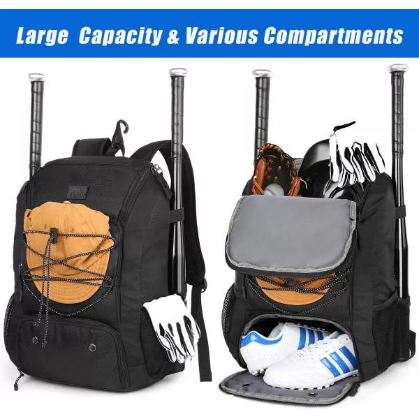 MATEIN Baseball Backpack, Softball Bat Bag with Shoes Compartment for Youth, Boys and Adult, Lightweight Baseball Bag with Fence Hook Hold TBall Bat, Batting Mitten, Helmet, Caps, Teeball Gear