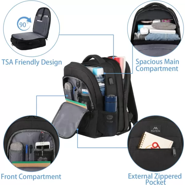 MATEIN College Large Travel Backpack, TSA Expandable Laptop Backpack with USB Charging Port, Anti Theft Computer Bag Fit 17.3 Inch Laptop Water Resistant College Backpack Gift for Men Women, Black