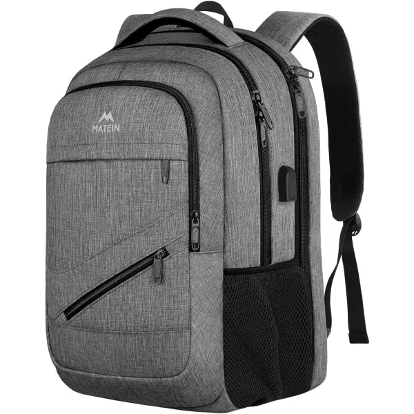 MATEIN Travel Laptop Backpack, 17 inch Business Flight Approved Carry on Backpack, TSA Large Travel Backpack for Men Women with USB Charger Port &amp; Luggage Sleeve, Sturdy College Rucksack Bag, Grey
