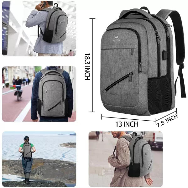 MATEIN Travel Laptop Backpack, 17 inch Business Flight Approved Carry on Backpack, TSA Large Travel Backpack for Men Women with USB Charger Port &amp; Luggage Sleeve, Sturdy College Rucksack Bag, Grey