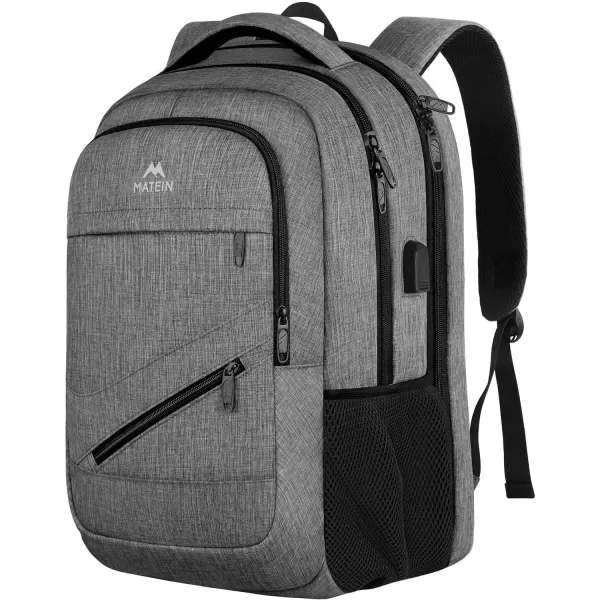 MATEIN Travel Laptop Backpack, 17 inch Business Flight Approved Carry on Backpack, TSA Large Travel Backpack for Men Women with USB Charger Port &amp; Luggage Sleeve, Sturdy College Rucksack Bag, Grey