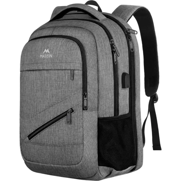 MATEIN Travel Laptop Backpack, 17 inch Business Flight Approved Carry on Backpack, TSA Large Travel Backpack for Men Women with USB Charger Port &amp; Luggage Sleeve, Sturdy College Rucksack Bag, Grey