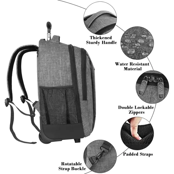 MATEIN Rolling Backpack, Water Resistant Travel Laptop Backpacks with Wheels, Large Roller College Backpack Computer Bag Business Luggage Carry on for Men Women 17 Inch, Grey