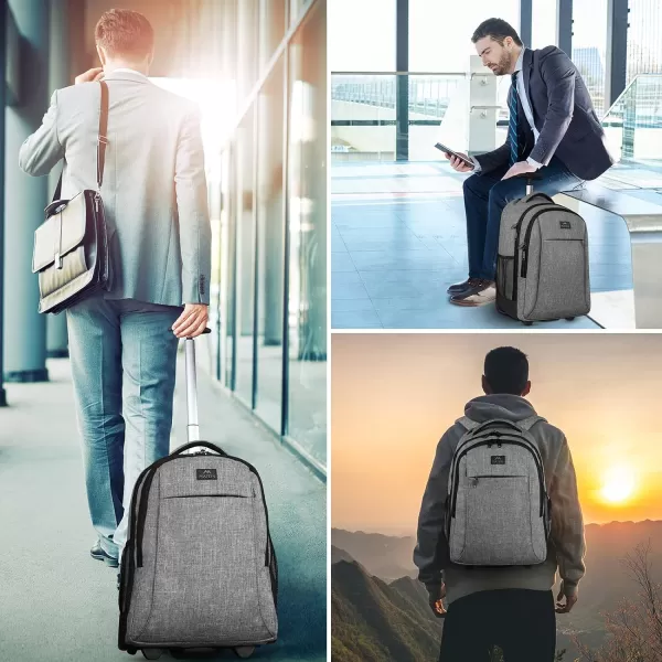 MATEIN Rolling Backpack, Water Resistant Travel Laptop Backpacks with Wheels, Large Roller College Backpack Computer Bag Business Luggage Carry on for Men Women 17 Inch, Grey