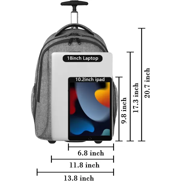 MATEIN Rolling Backpack, Water Resistant Travel Laptop Backpacks with Wheels, Large Roller College Backpack Computer Bag Business Luggage Carry on for Men Women 17 Inch, Grey