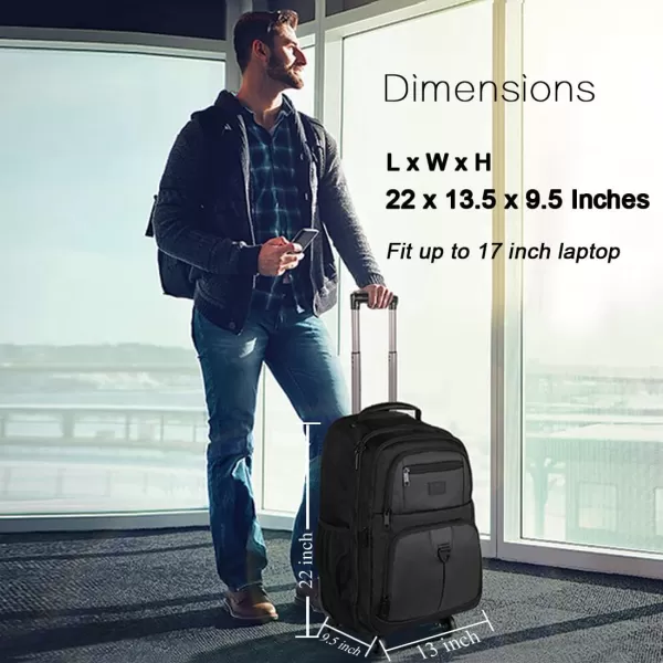 MATEIN Rolling Backpack with 4 Wheels, 17 inch Roller Travel Laptop Backpack for Women Men, Large Wheeled Backpacks Water Resistant Business Carry on Luggage, Airline Approved Suitcase Bag, Black
