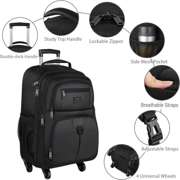 MATEIN Rolling Backpack with 4 Wheels, 17 inch Roller Travel Laptop Backpack for Women Men, Large Wheeled Backpacks Water Resistant Business Carry on Luggage, Airline Approved Suitcase Bag, Black