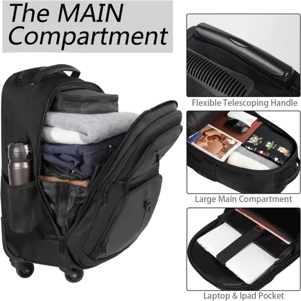 MATEIN Rolling Backpack with 4 Wheels, 17 inch Roller Travel Laptop Backpack for Women Men, Large Wheeled Backpacks Water Resistant Business Carry on Luggage, Airline Approved Suitcase Bag, Black