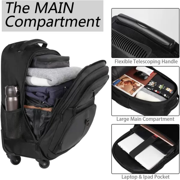 MATEIN Rolling Backpack with 4 Wheels, 17 inch Roller Travel Laptop Backpack for Women Men, Large Wheeled Backpacks Water Resistant Business Carry on Luggage, Airline Approved Suitcase Bag, Black