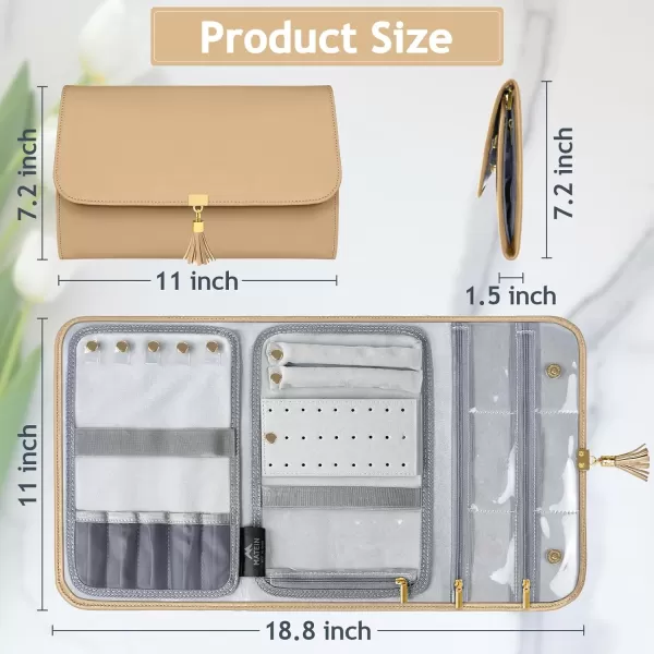 MATEIN Jewelry Travel Case for Women, Large Jewelry Holder Organizer with Transparent Pockets, Foldable Jewelry Roll Bag for Necklace Earring Ring Storage, Mothers Day Gift for Mom, Beige