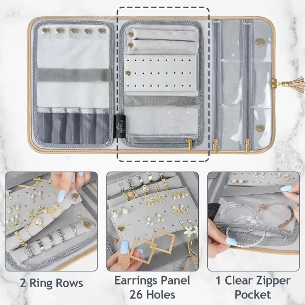 MATEIN Jewelry Travel Case for Women, Large Jewelry Holder Organizer with Transparent Pockets, Foldable Jewelry Roll Bag for Necklace Earring Ring Storage, Mothers Day Gift for Mom, Beige