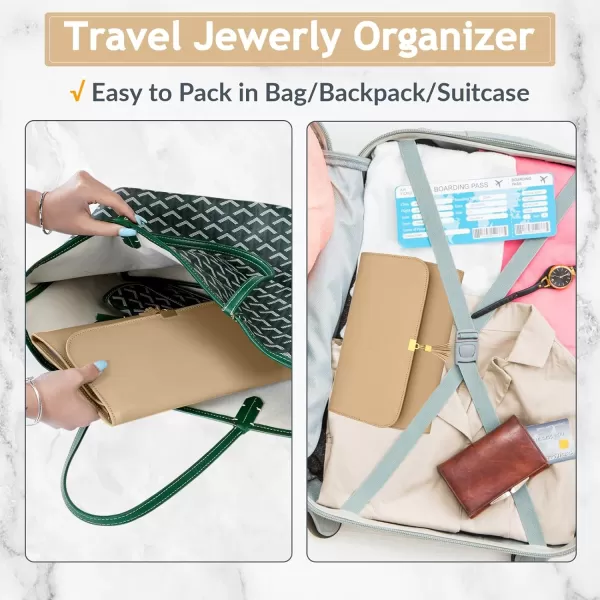 MATEIN Jewelry Travel Case for Women, Large Jewelry Holder Organizer with Transparent Pockets, Foldable Jewelry Roll Bag for Necklace Earring Ring Storage, Mothers Day Gift for Mom, Beige