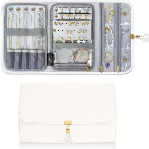 MATEIN Jewelry Travel Case for Women, Large Jewelry Holder Organizer with Transparent Pockets, Foldable Jewelry Roll Bag for Necklace Earring Ring Storage, Mothers Day Gift for Mom, Beige