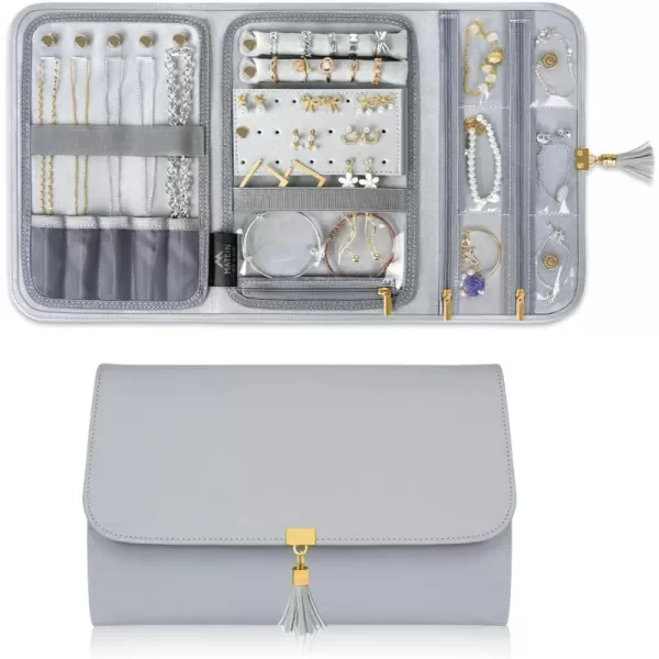 MATEIN Jewelry Travel Case for Women, Large Jewelry Holder Organizer with Transparent Pockets, Foldable Jewelry Roll Bag for Necklace Earring Ring Storage, Mothers Day Gift for Mom, Beige