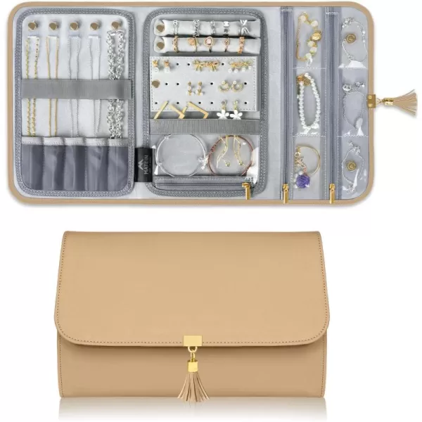 MATEIN Jewelry Travel Case for Women, Large Jewelry Holder Organizer with Transparent Pockets, Foldable Jewelry Roll Bag for Necklace Earring Ring Storage, Mothers Day Gift for Mom, Beige
