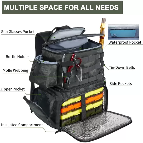 MATEIN Fishing Tackle Backpack with Cooler, Large Fishing Bag with Rod Holders for 4 Trays  &amp; Fishing gear