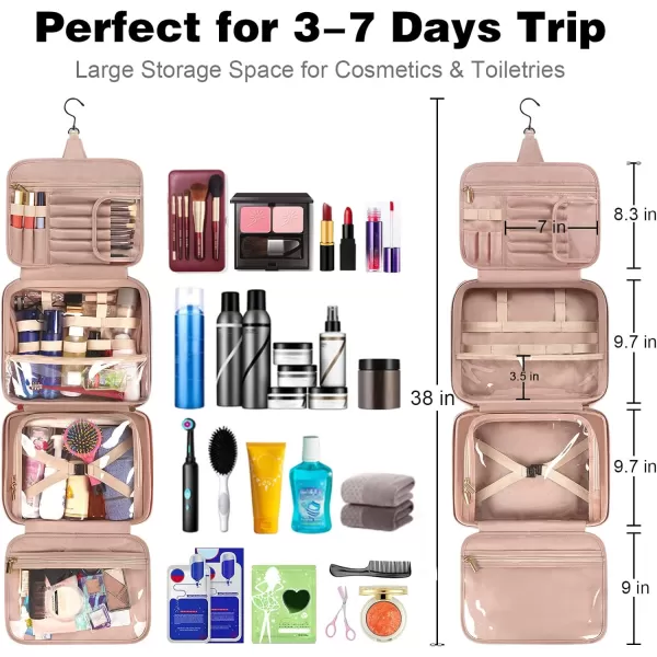 MATEIN Travel Toiletry Bag for Women, 9L Faux Leather Hanging Makeup Bag with Metal Snap Handle, Large Waterproof Cosmetic Bags Multiple Traveling Organizer Container for Toiletries Accessories, Pink