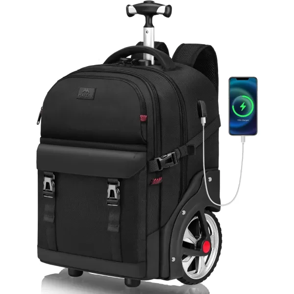 imageMATEIN Rolling Backpack for Adults with Wheels 17 Inch Large Wheeled Backpack with USB Charging Port ampamp Combination Lock Water Resistant Anti Theft Travel Laptop Backpack for Men Work Business Black