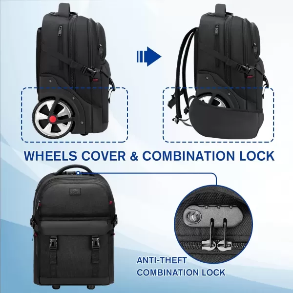 imageMATEIN Rolling Backpack for Adults with Wheels 17 Inch Large Wheeled Backpack with USB Charging Port ampamp Combination Lock Water Resistant Anti Theft Travel Laptop Backpack for Men Work Business Black