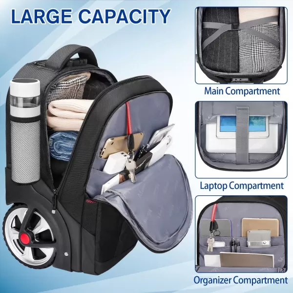 imageMATEIN Rolling Backpack for Adults with Wheels 17 Inch Large Wheeled Backpack with USB Charging Port ampamp Combination Lock Water Resistant Anti Theft Travel Laptop Backpack for Men Work Business Black