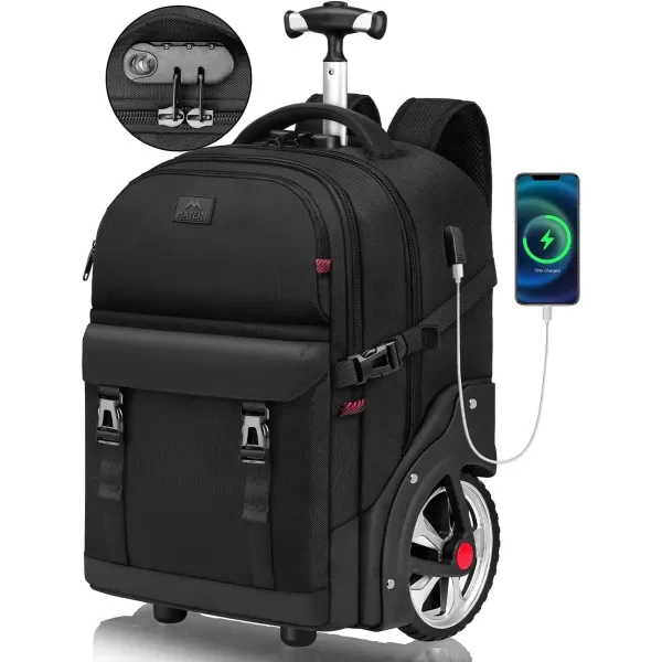 imageMATEIN Rolling Backpack for Adults with Wheels 17 Inch Large Wheeled Backpack with USB Charging Port ampamp Combination Lock Water Resistant Anti Theft Travel Laptop Backpack for Men Work Business Black