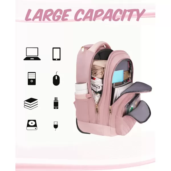 imageMATEIN Rolling Backpack for Women 17 Inch Travel Laptop Backpacks with Wheels Large Carry On Business Luggage Roller Backpack Waterproof Trolley Suitcase Overnight College Work Computer Bag PinkPink