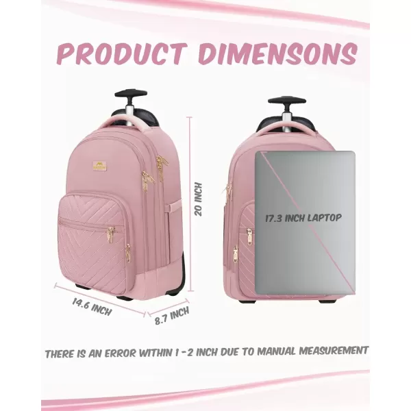 imageMATEIN Rolling Backpack for Women 17 Inch Travel Laptop Backpacks with Wheels Large Carry On Business Luggage Roller Backpack Waterproof Trolley Suitcase Overnight College Work Computer Bag PinkPink