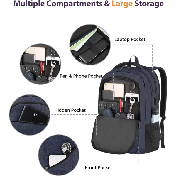 imageMATEIN Travel Laptop Backpack 17 inch Business Flight Approved Carry on Backpack TSA Large Computer Backpack for Men Women with USB Port and Trolley Sleeve College School Tactical Book Bag GreyDark Blue