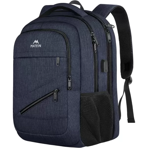 imageMATEIN Travel Laptop Backpack 17 inch Business Flight Approved Carry on Backpack TSA Large Computer Backpack for Men Women with USB Port and Trolley Sleeve College School Tactical Book Bag GreyDark Blue