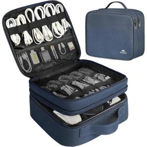 imageMATEIN Cable Organizer Bag Waterproof Travel Electronic Storage with Adjustable Divider Shockproof Portable Double Layer Tech Bag Carrying Case for Cord Earbuds Charger SD Card Tech Gifts BlackBlue