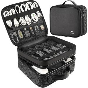 imageMATEIN Cable Organizer Bag Waterproof Travel Electronic Storage with Adjustable Divider Shockproof Portable Double Layer Tech Bag Carrying Case for Cord Earbuds Charger SD Card Tech Gifts BlackBlack