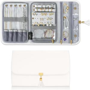imageMATEIN Jewelry Organizer for Travel Womens PU Leather Large Jewerly Holder with Tassel Travel Necklace Earring Ring Bracelet Storage Case PurpleBeige