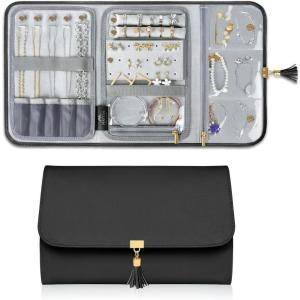 imageMATEIN Jewelry Organizer for Travel Womens PU Leather Large Jewerly Holder with Tassel Travel Necklace Earring Ring Bracelet Storage Case PurpleBlack