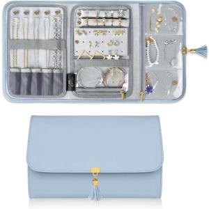 imageMATEIN Jewelry Organizer for Travel Womens PU Leather Large Jewerly Holder with Tassel Travel Necklace Earring Ring Bracelet Storage Case PurpleBlue