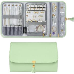 imageMATEIN Jewelry Organizer for Travel Womens PU Leather Large Jewerly Holder with Tassel Travel Necklace Earring Ring Bracelet Storage Case PurpleGreen