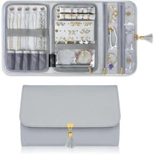 imageMATEIN Jewelry Organizer for Travel Womens PU Leather Large Jewerly Holder with Tassel Travel Necklace Earring Ring Bracelet Storage Case PurpleGrey