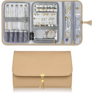 imageMATEIN Jewelry Organizer for Travel Womens PU Leather Large Jewerly Holder with Tassel Travel Necklace Earring Ring Bracelet Storage Case PurpleLight Brown