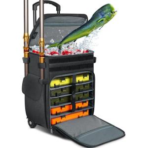 imageMATEIN Rolling Tackle Box with Cooler Large Fishing Bag with Wheels for 5 TraysTrays Not Included Saltwater Resistant Tackle Backpack with Rod HoldersampampWaterproof Bottom for Storage Gear Pole Lures