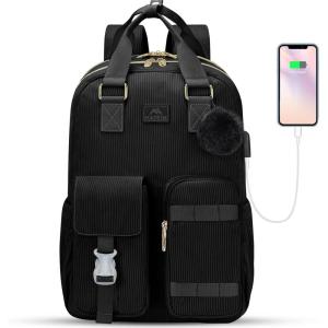 imageMATEIN School Backpack for Girls 156 Inch Cute College Backpack Corduroy Computer Bookbag with USB Charging Port TSA Lightweight Kawaii Travel Laptop Backpack Aesthetic for Teens Students BeigeBlack