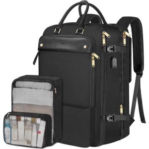 imageMATEIN Carry on Backpack for Women 52L TSA Travel Laptop Backpack with USB Charging Port ampamp Shoes Compartment 17 Inch Extra Large Expandable Flight Approved Computer Bag with 2 Packing Cubes BeigeBlack